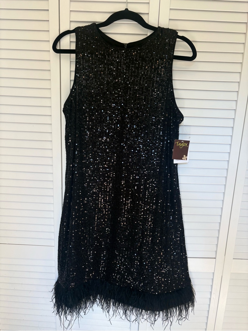Taylor Black Sequin Midi Dress with Feather Trim